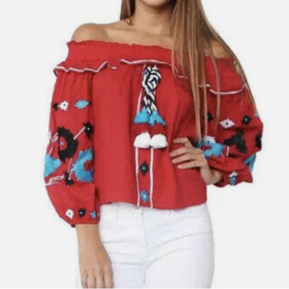 Misa Los Angeles Red Off-Shoulder Embroidered Blouse with Turquoise Accents
